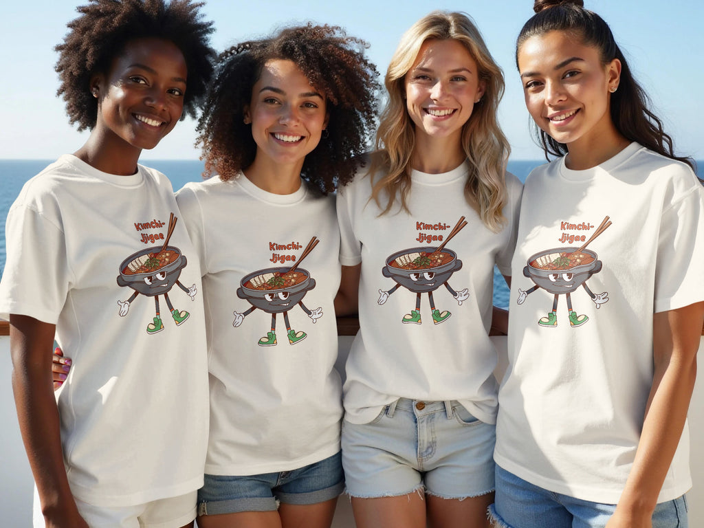 Four women wear white t-shirts with a cartoon Kimchi Jjigae graphic and text.