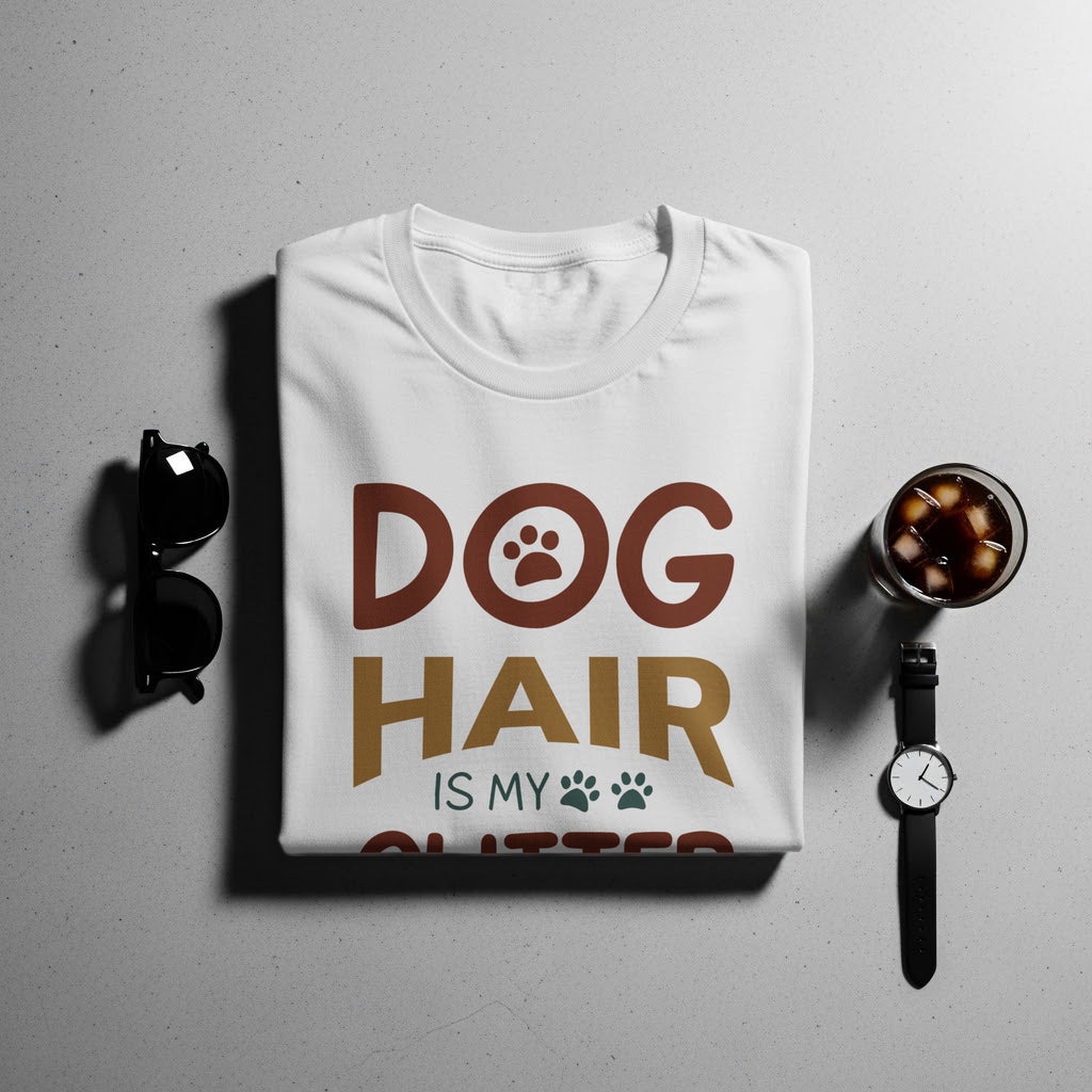 White t-shirt with text "DOG HAIR IS MY GLITTER" and paw prints.