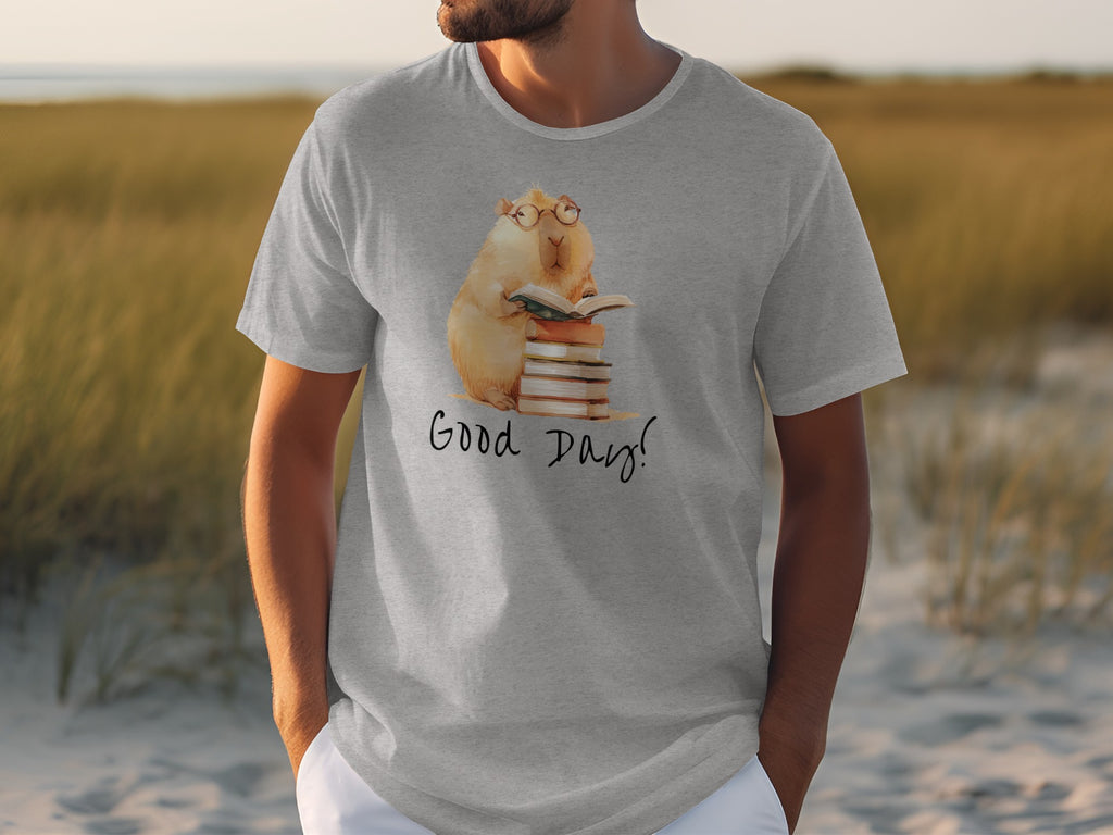 Grey t-shirt with capybara reading books, "Good Day!" text.