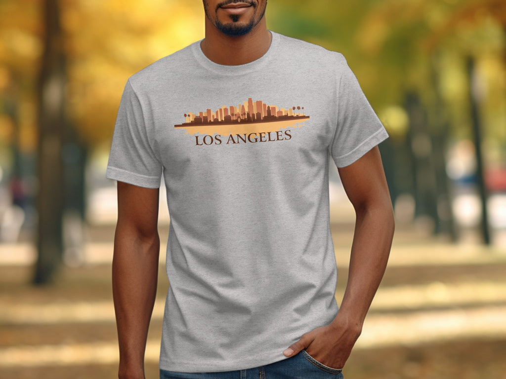 Gray t-shirt with a Los Angeles skyline graphic and text.