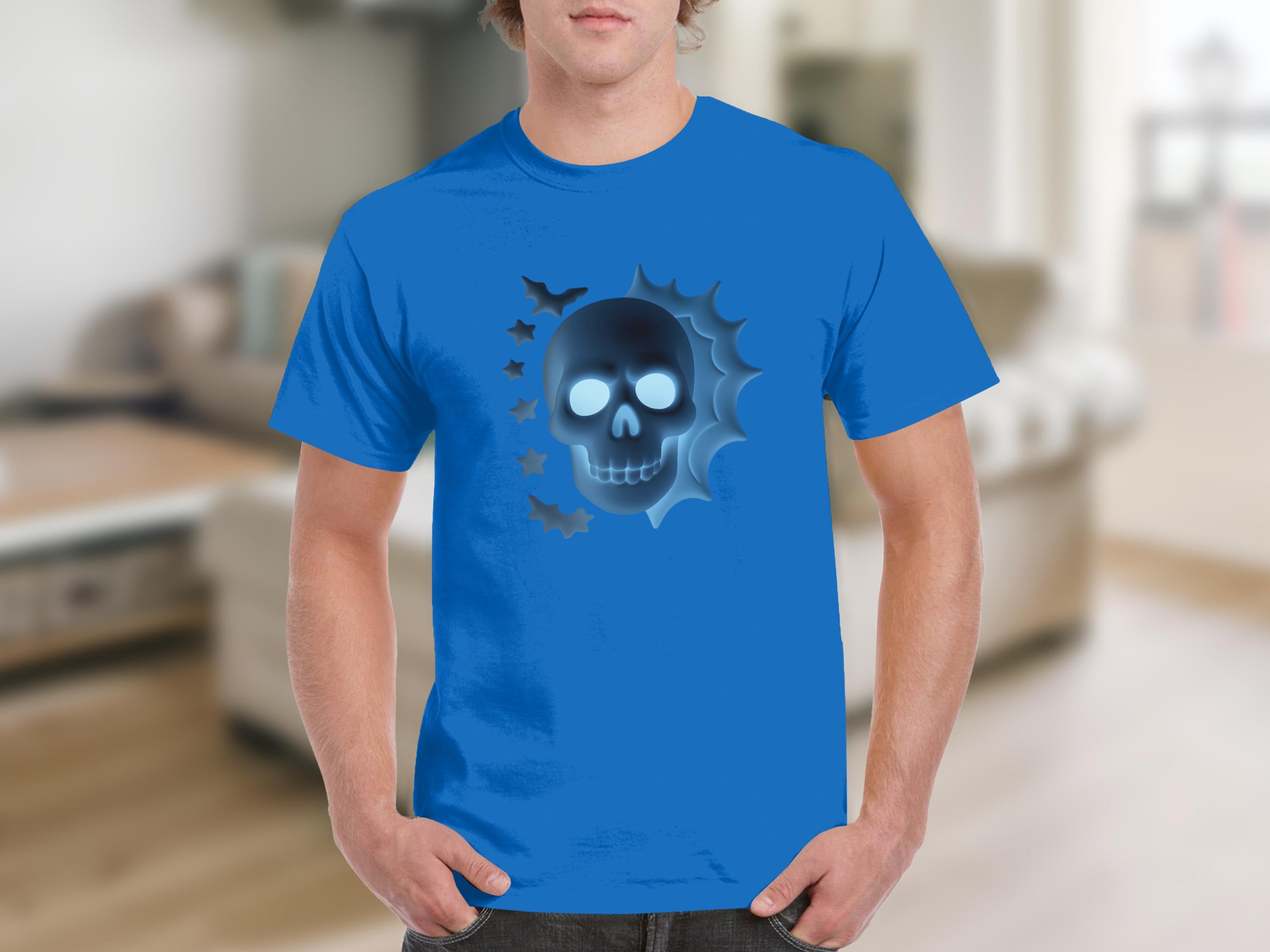Blue t-shirt with a glowing blue skull and bats graphic on the front.