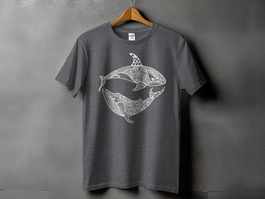 Dark grey t-shirt with white orca and whale mandala design.