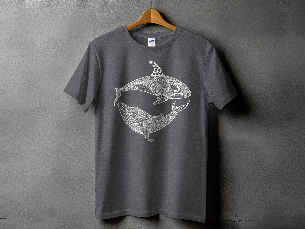 Dark grey t-shirt with white orca and whale mandala design.