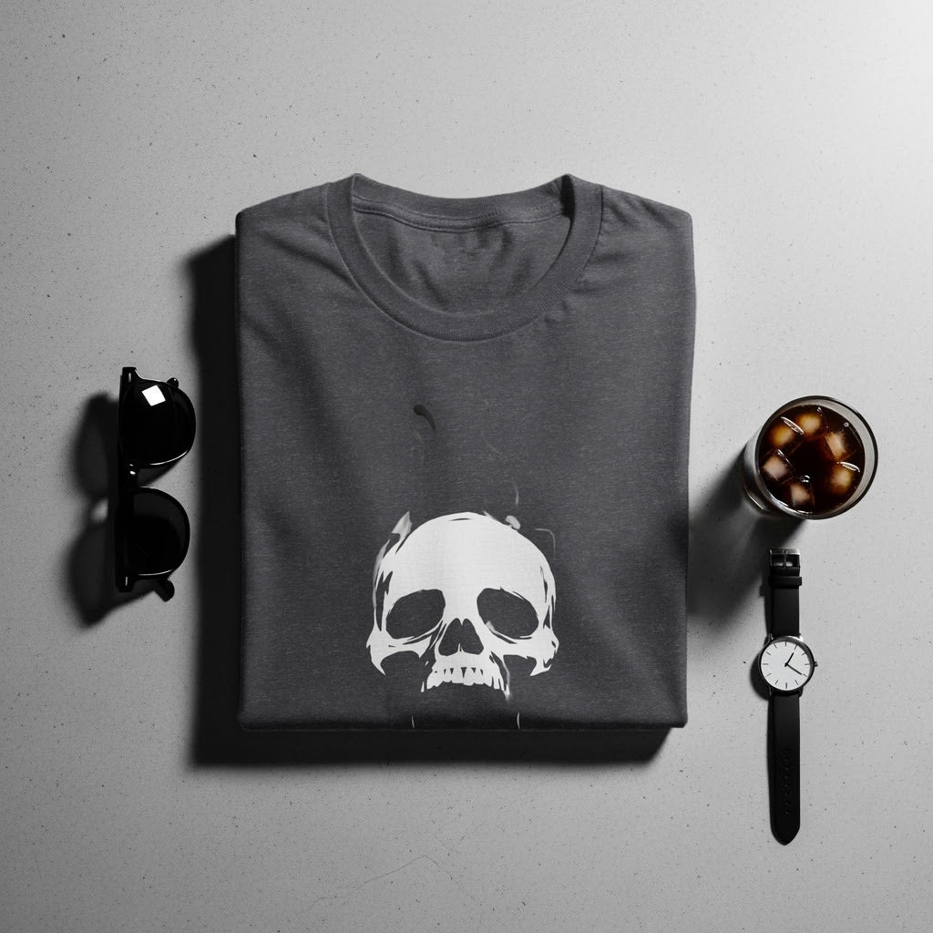 Dark grey t-shirt with a white smoking skull graphic, laid flat.