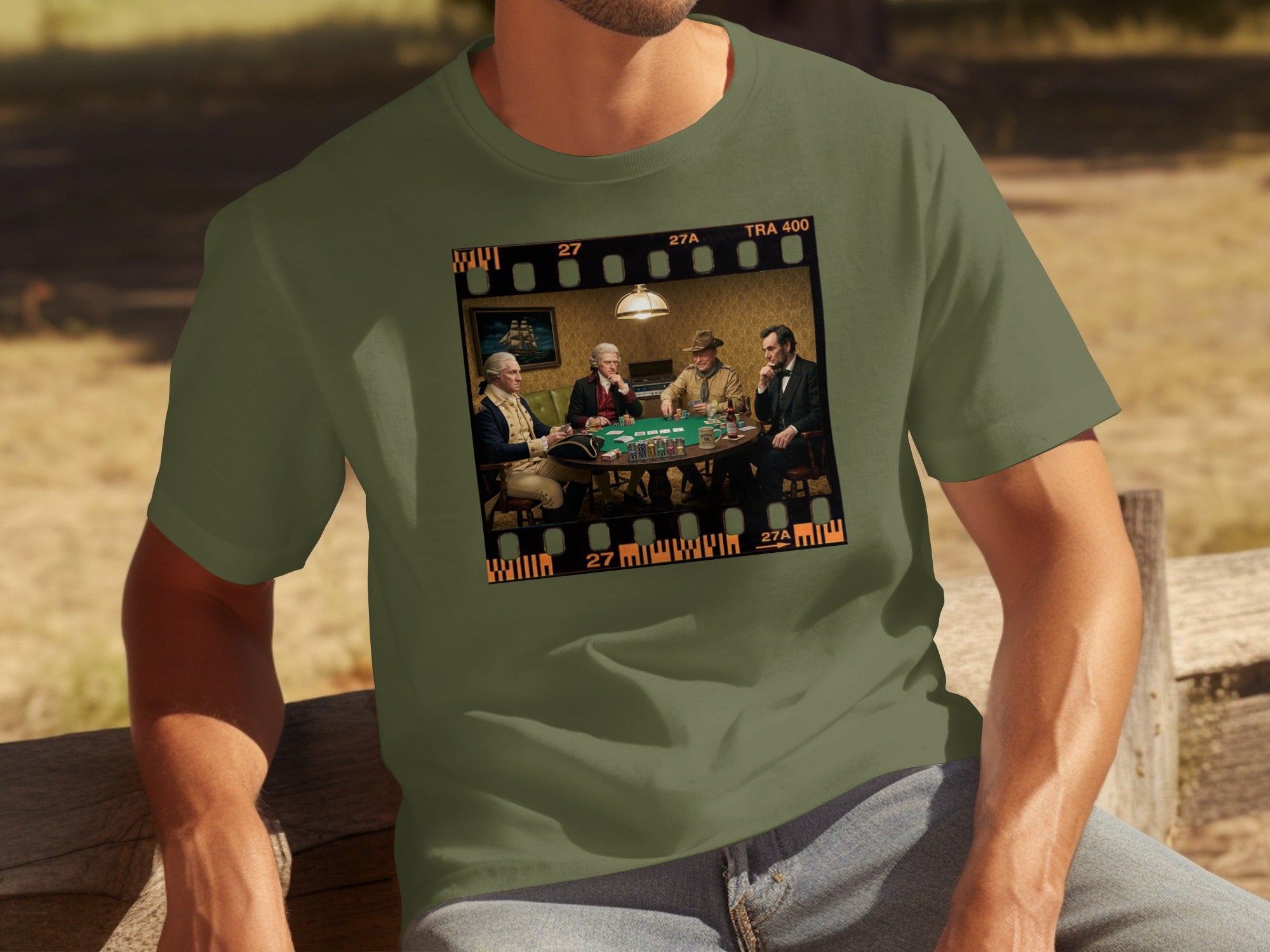 Historical figures play poker around a green felt table, depicted within a film strip.