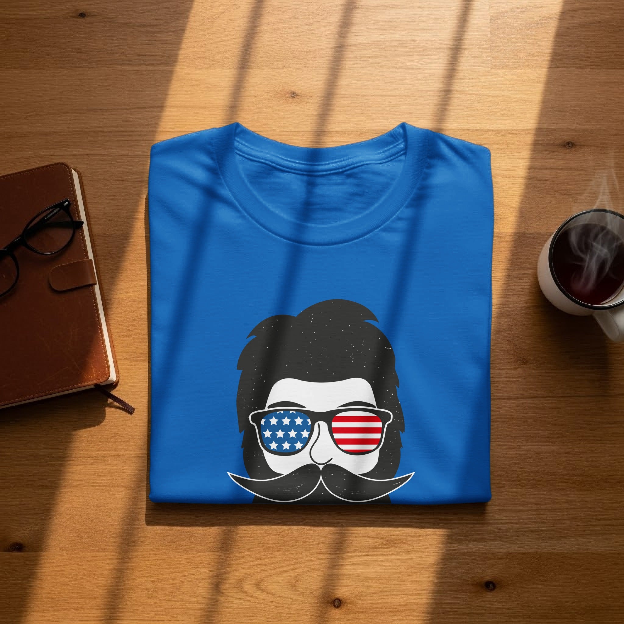 Royal blue t-shirt with a graphic of a man with American flag sunglasses and a mustache.