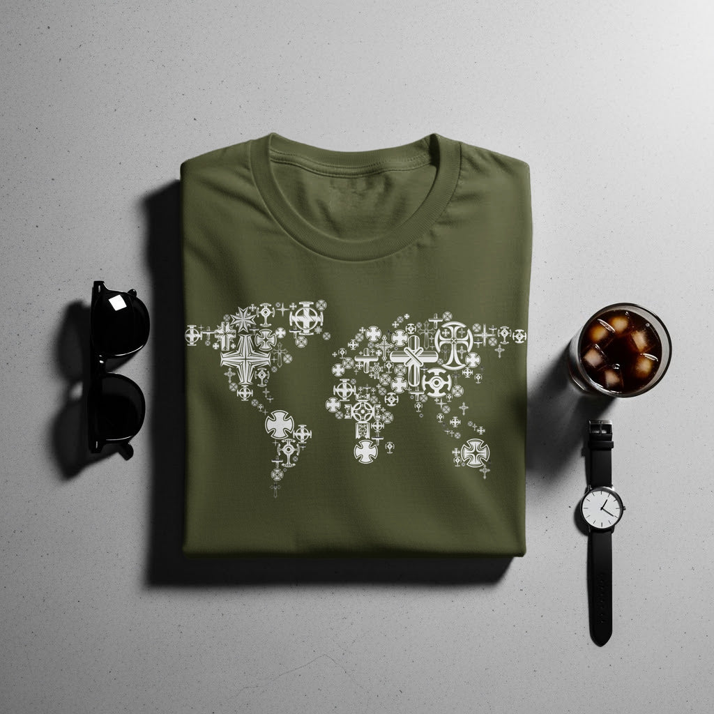Olive green t-shirt with a white world map design made of crosses.