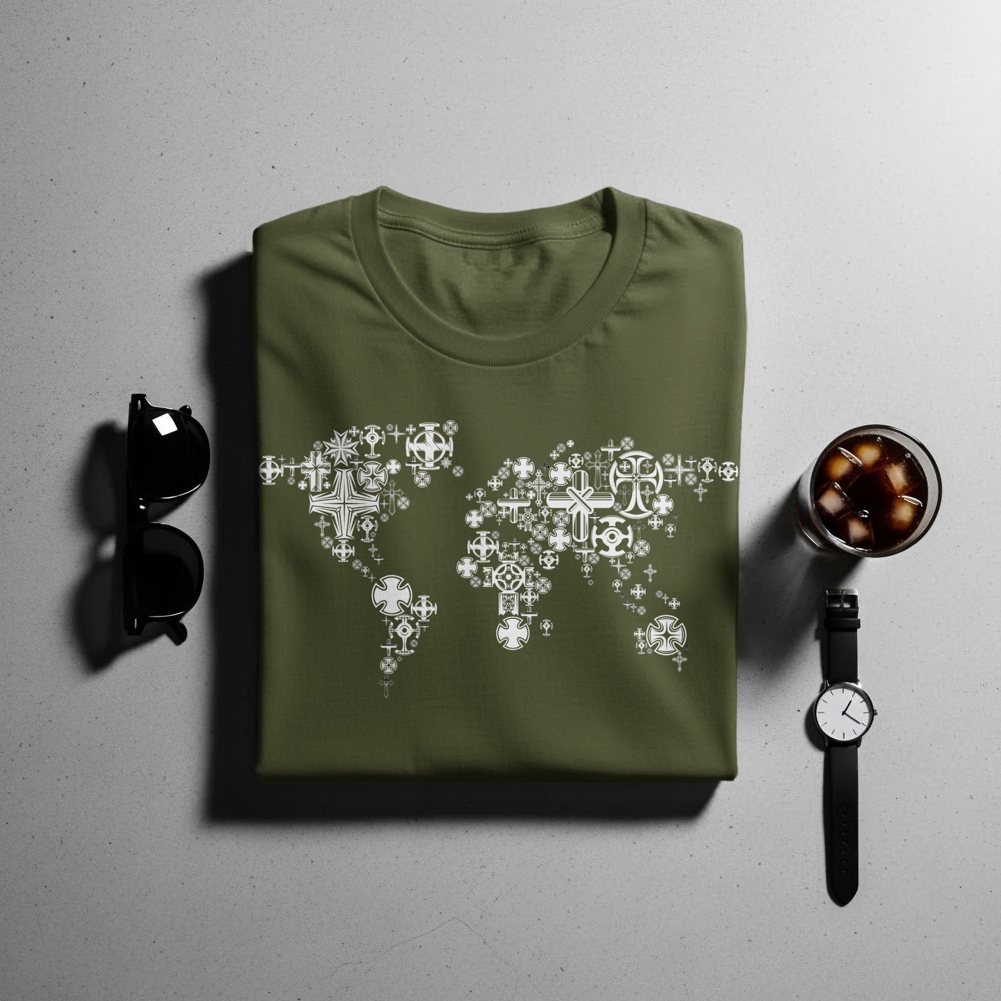 Olive green t-shirt with a white world map design made of crosses.