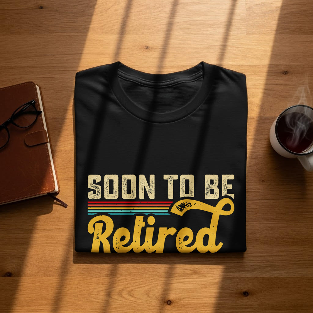 Black t-shirt with text "SOON TO BE Retired" in distressed retro font.
