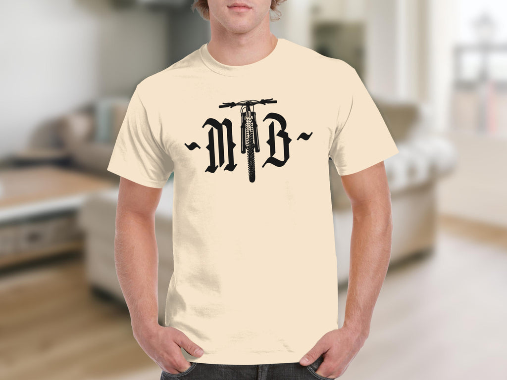 Cream t-shirt with black graphic of handlebars and the letters MTB.