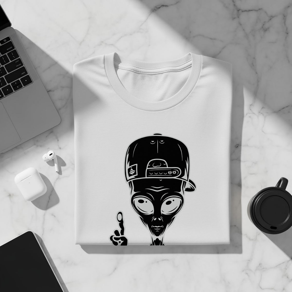 White t-shirt with a black alien wearing a baseball cap and holding up one finger.