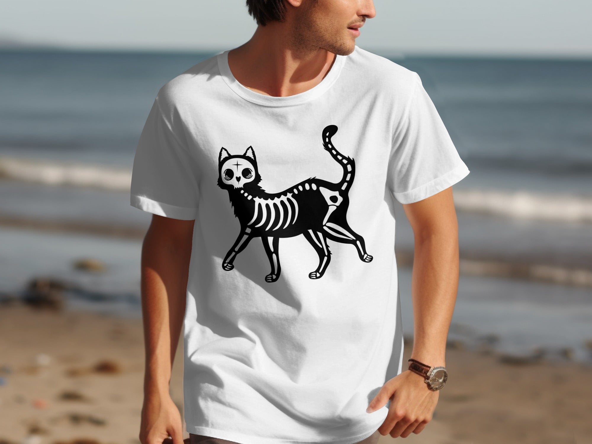 White t-shirt with black skeleton cat graphic on chest.