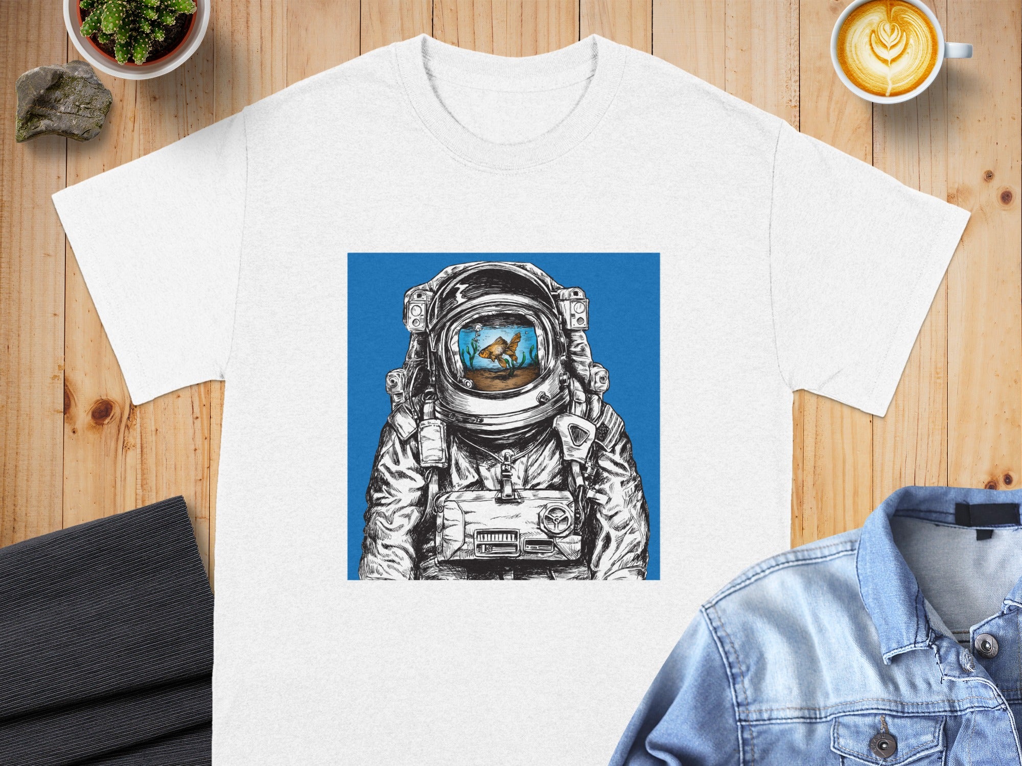 Astronaut helmet with goldfish aquarium inside for a space-themed graphic tee.
