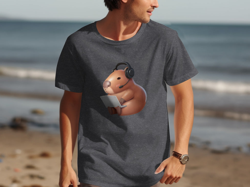 Capybara with headset and laptop on dark grey t-shirt
