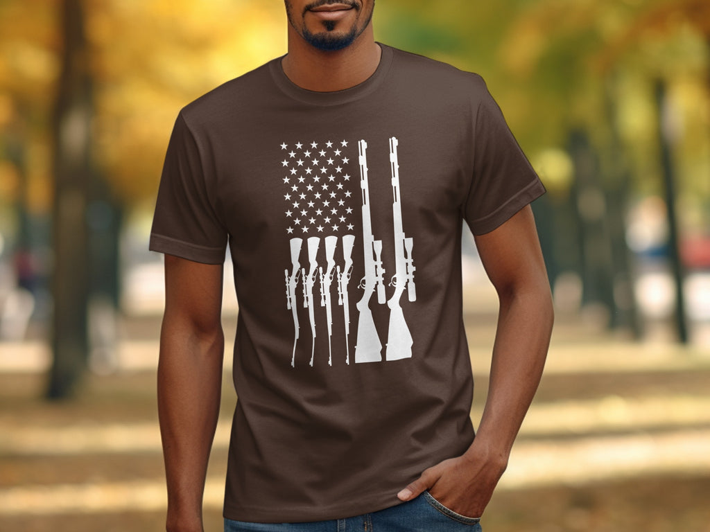 Brown t-shirt with white American flag made of rifles and stars.