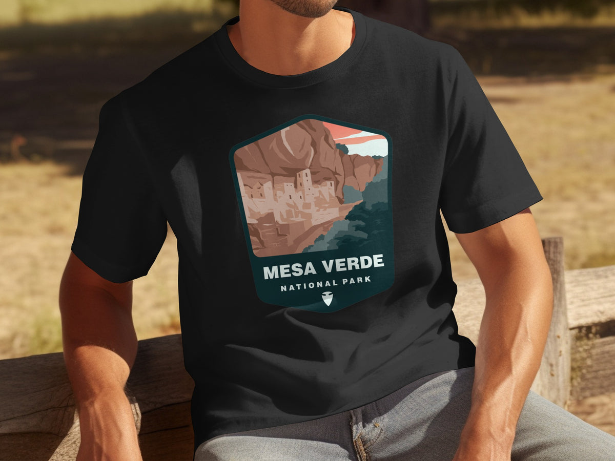 Mesa Verde National Park graphic on a black t-shirt.