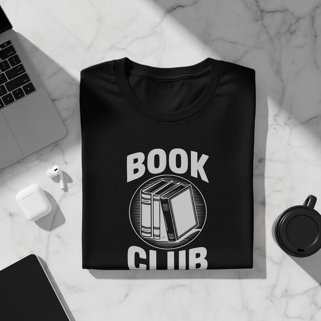 Black t-shirt with "BOOK CLUB" text and stacked books graphic.