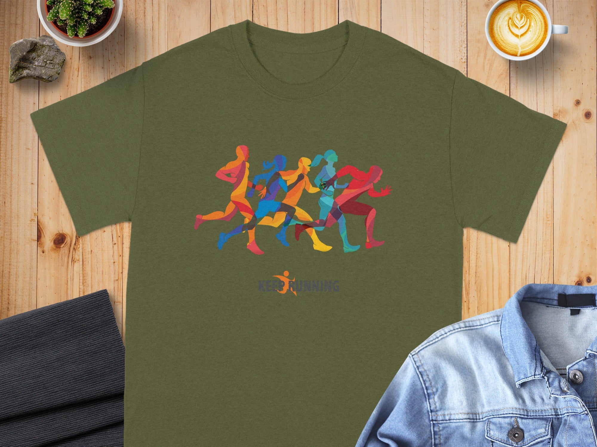 Green t-shirt with colorful running figures and "KEEP RUNNING" text.