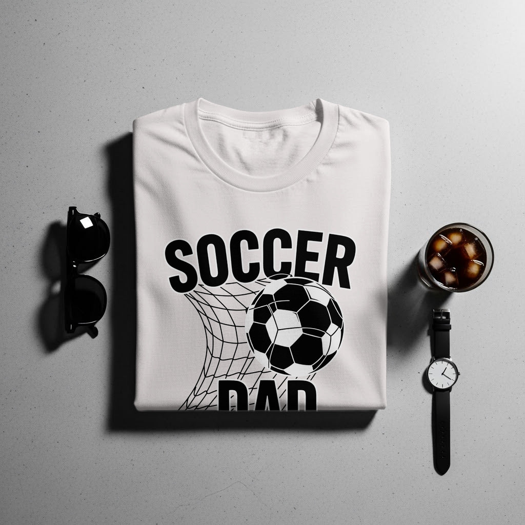 White t-shirt with "SOCCER DAD" graphic, a soccer ball, and net.