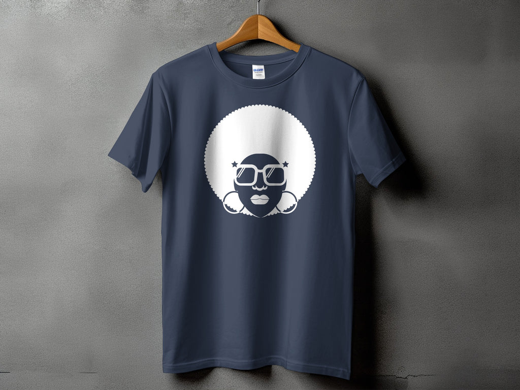 Navy t-shirt with a white graphic of a woman with an afro and star sunglasses.