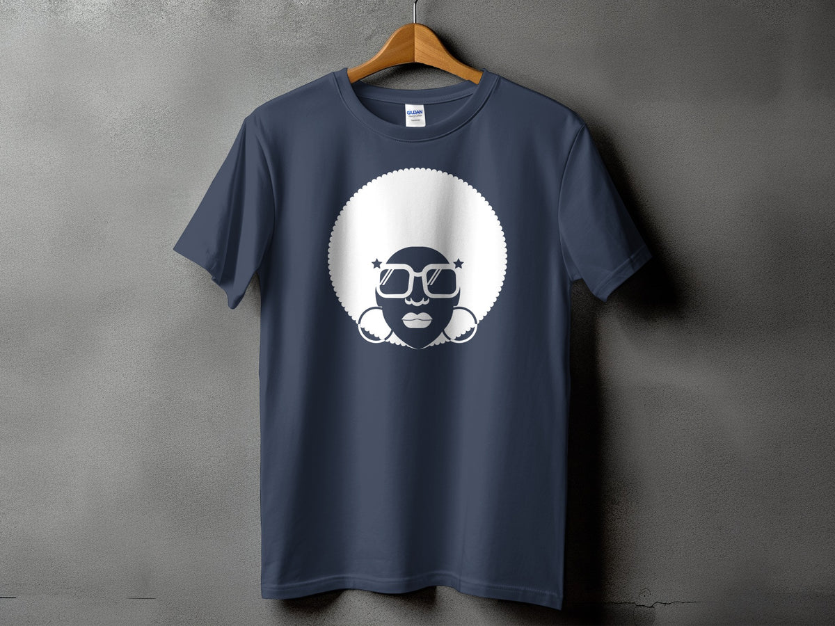 Navy t-shirt with a white graphic of a woman with an afro and star sunglasses.