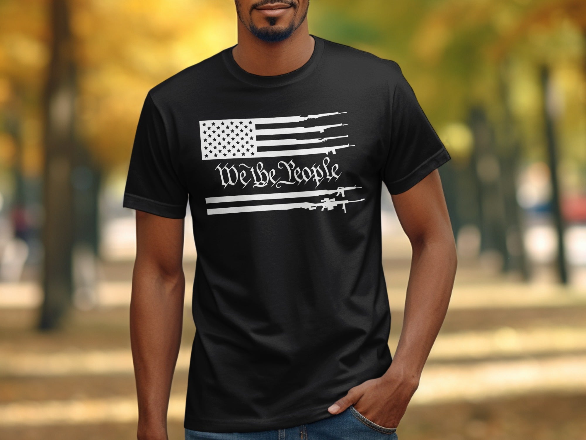 Black t-shirt with American flag design and "We the People" text.