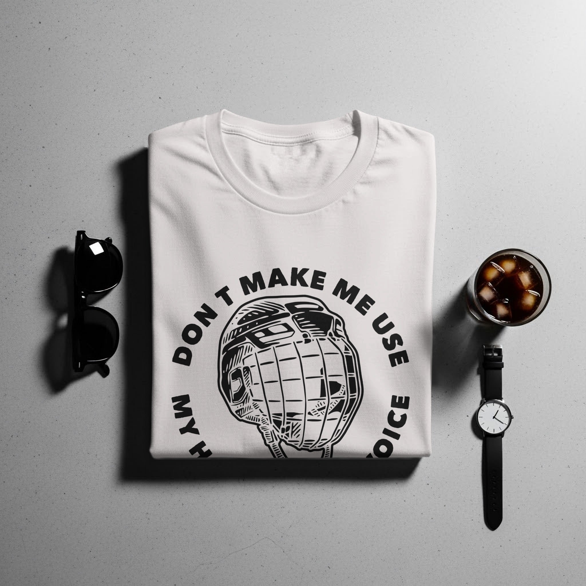 White t-shirt with black text and hockey helmet graphic.