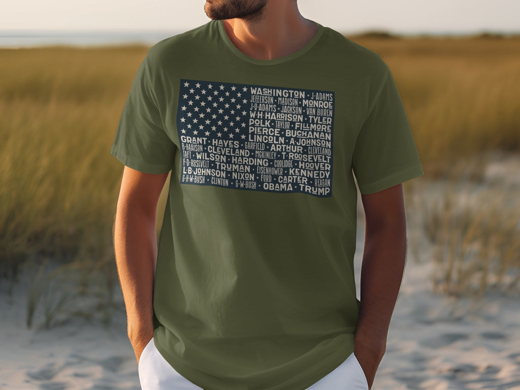 Olive green t-shirt with US flag design listing presidents from Washington to Trump.