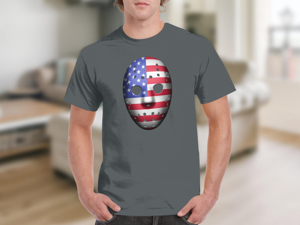 Gray t-shirt with an American flag hockey mask graphic on the chest.