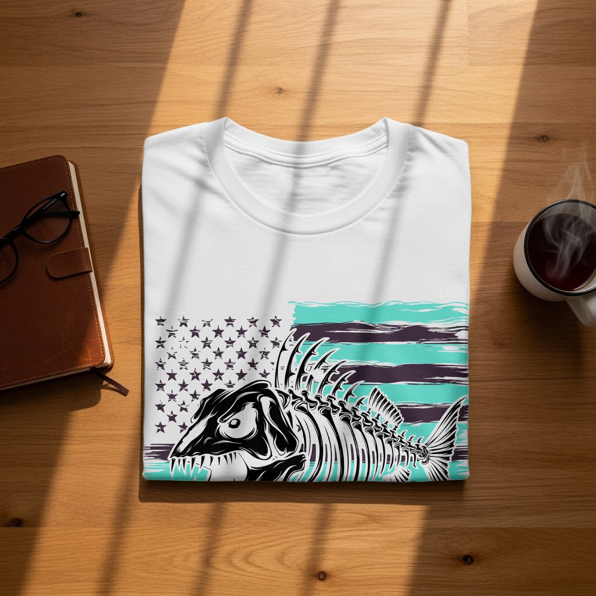 White t-shirt with a distressed American flag and fish skeleton graphic.