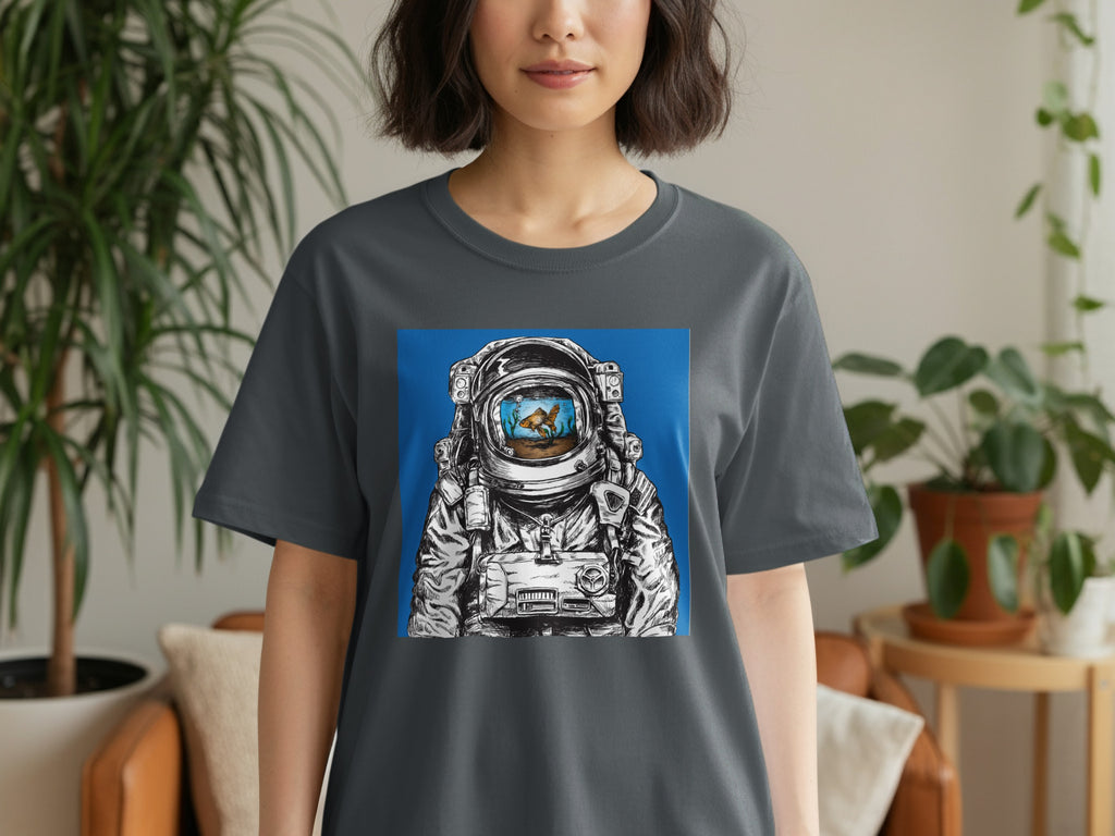 Astronaut helmet with goldfish in a tank reflecting in the visor.