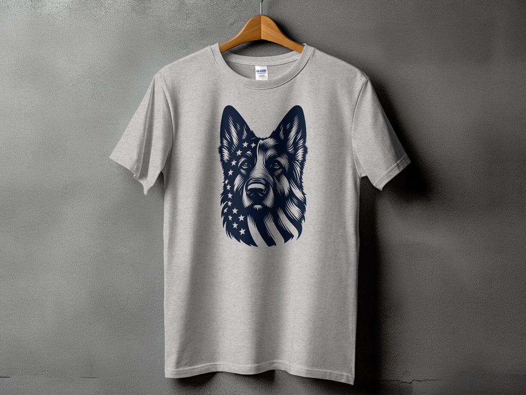 Grey t-shirt with German Shepherd and American flag graphic.