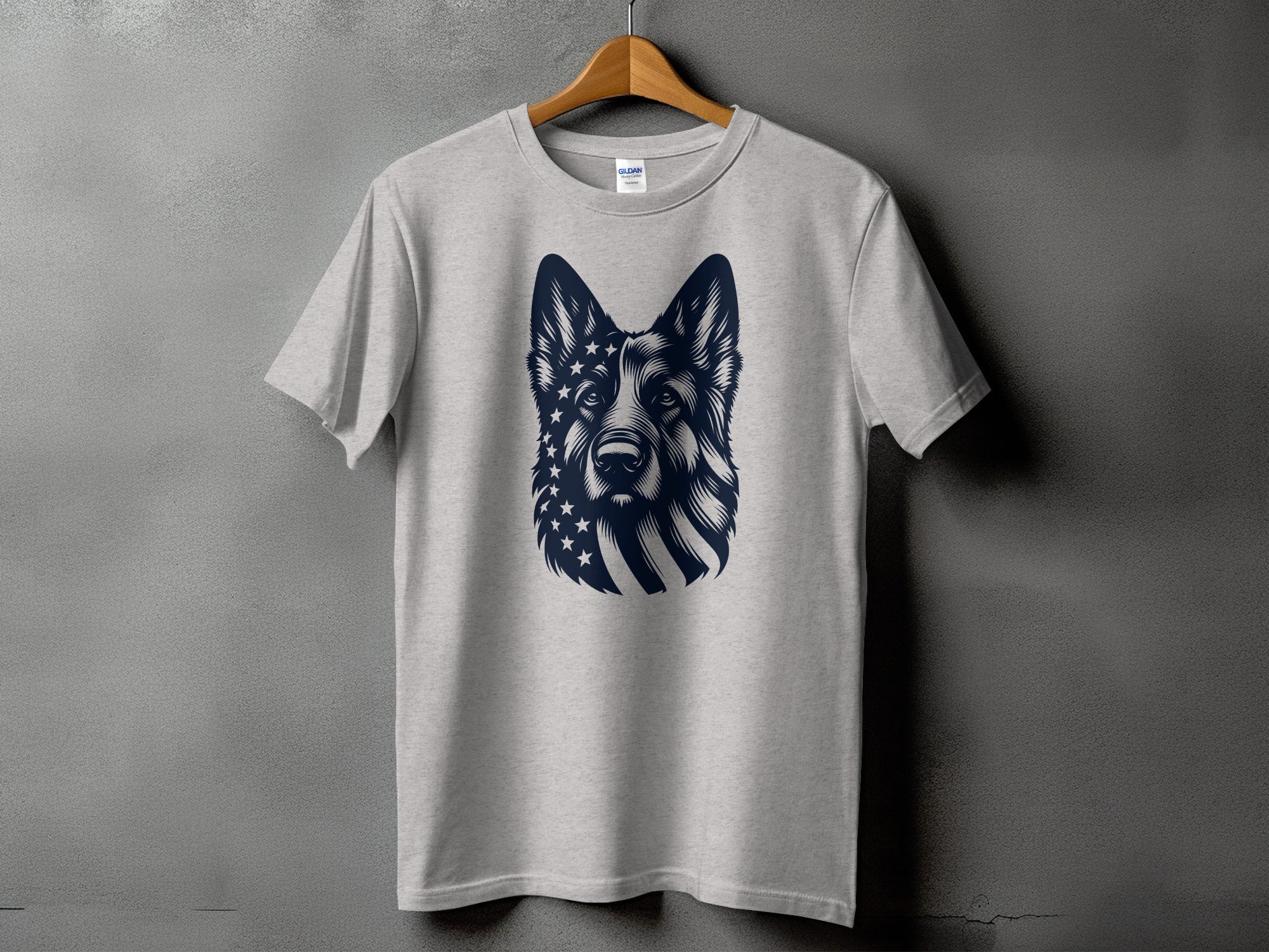 Grey t-shirt with German Shepherd and American flag graphic.