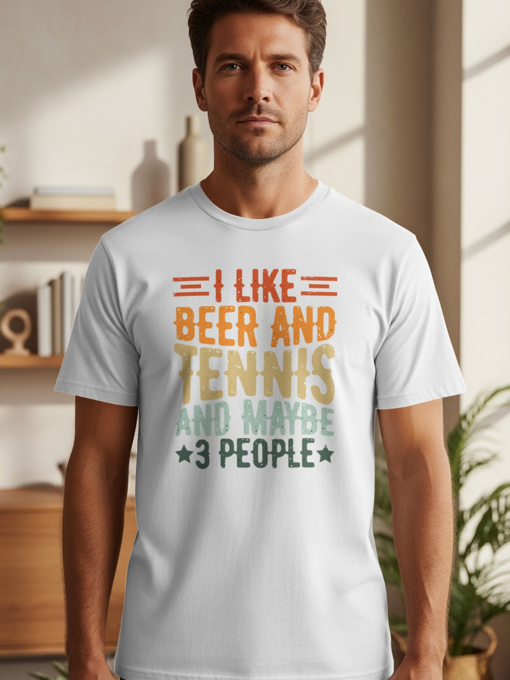White t-shirt with text "I LIKE BEER AND TENNIS AND MAYBE 3 PEOPLE".