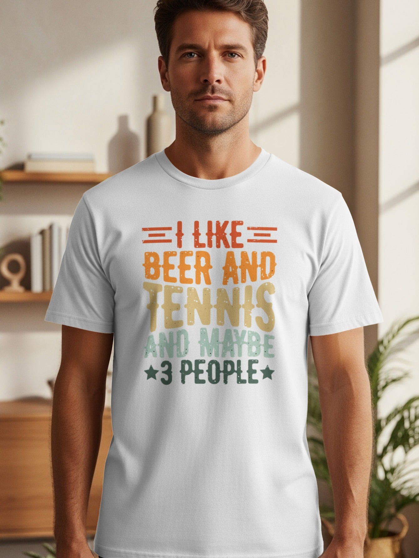 White t-shirt with text "I LIKE BEER AND TENNIS AND MAYBE 3 PEOPLE".