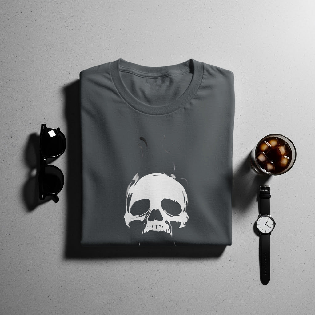 Dark grey t-shirt with a white skull graphic, sunglasses, and a drink.