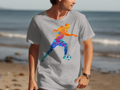 Grey t-shirt with colorful abstract soccer player graphic on front.