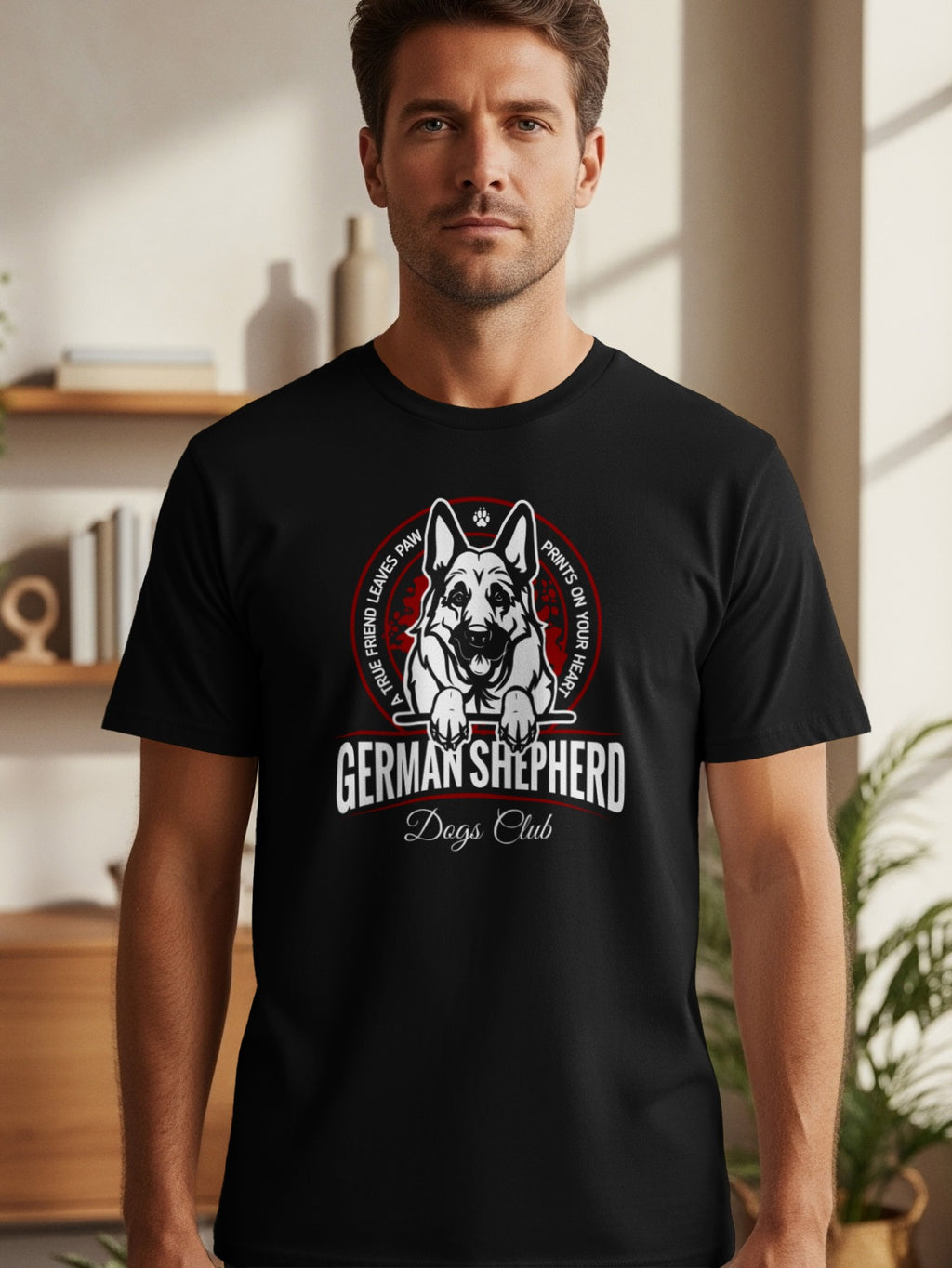 Black t-shirt with German Shepherd Dogs Club graphic and text.