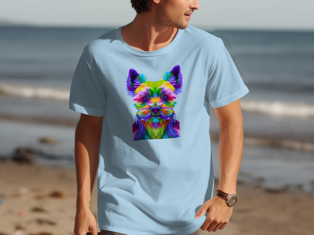 Light blue t-shirt with a colorful abstract dog face graphic on the front.