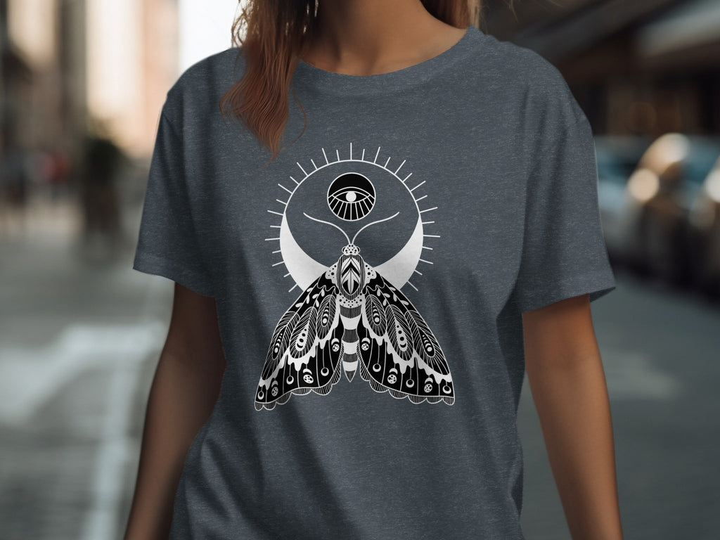 Dark grey t-shirt with a black and white moth and eye graphic.