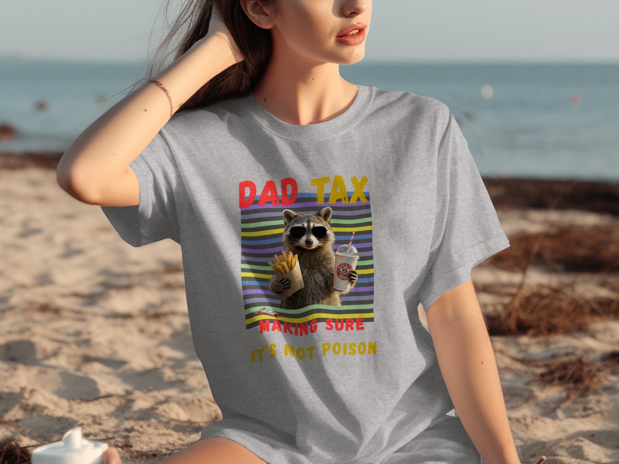 Raccoon in sunglasses holds fries and drink with text "Dad Tax Making Sure It's Not Poison".