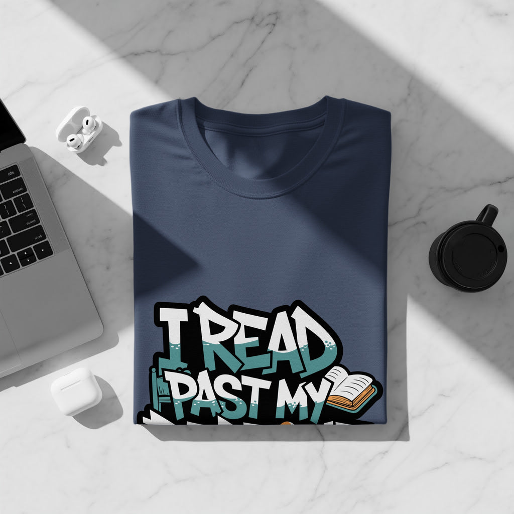 Navy t-shirt with graffiti-style text "I READ PAST MY".
