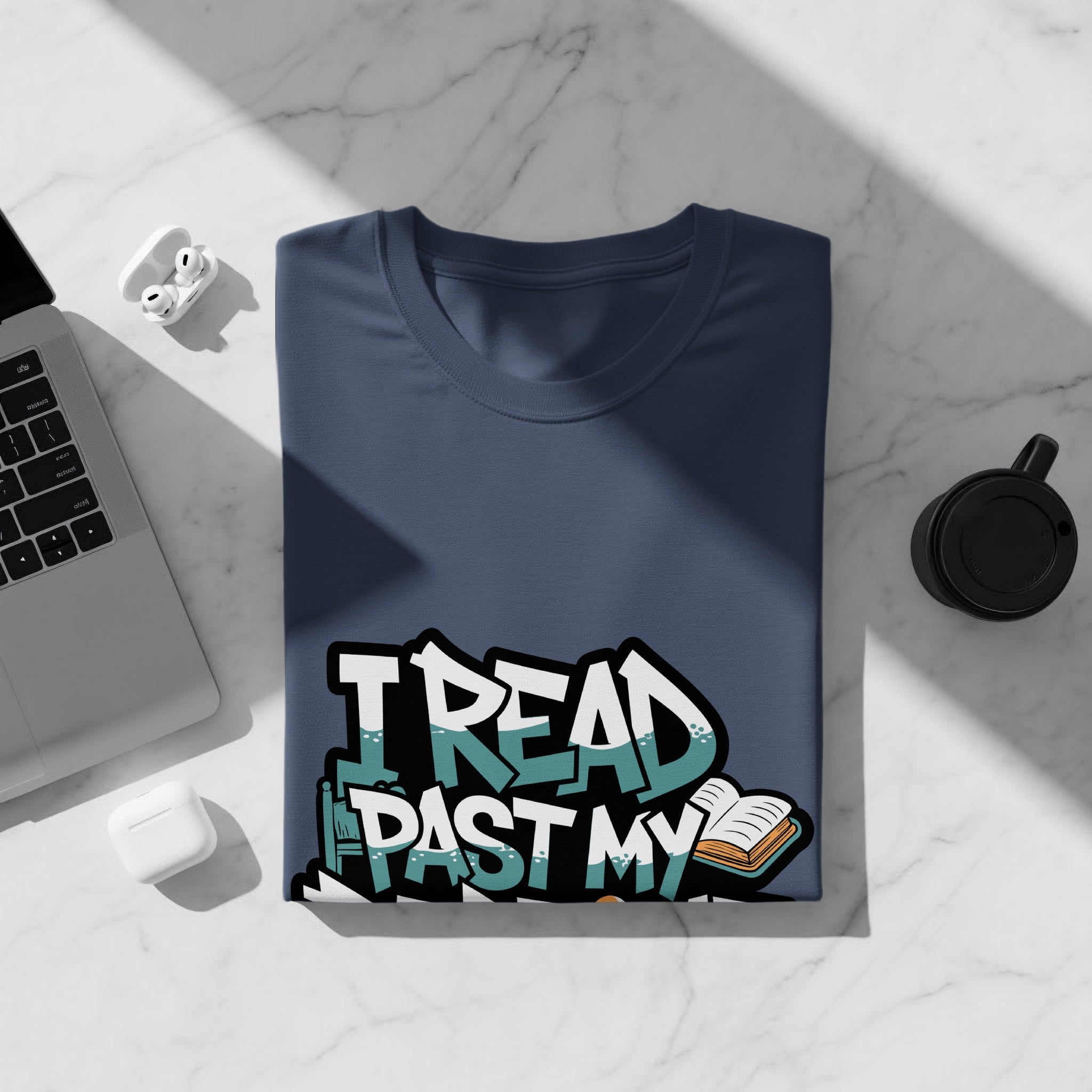 Navy t-shirt with graffiti-style text "I READ PAST MY".