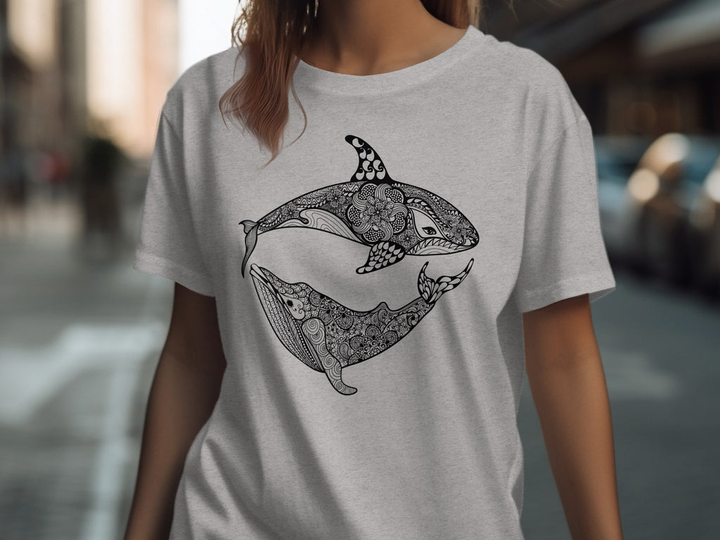 Grey t-shirt with black orca and whale mandala design
