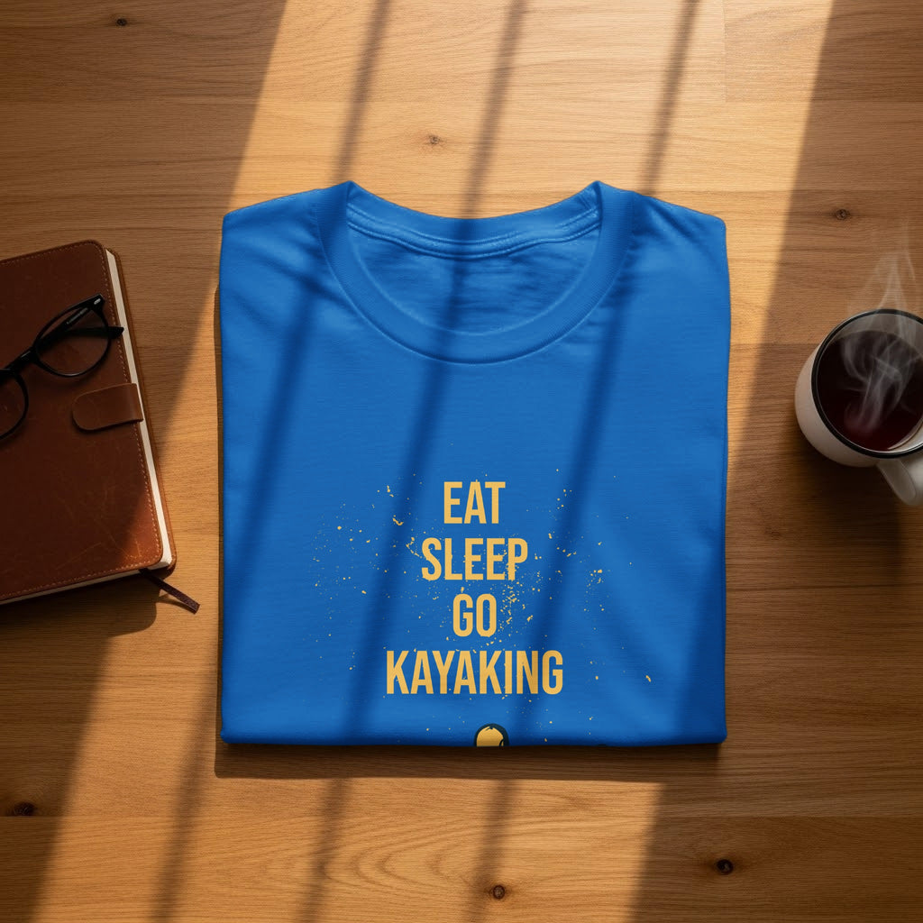Blue t-shirt with yellow text: "Eat Sleep Go Kayaking".