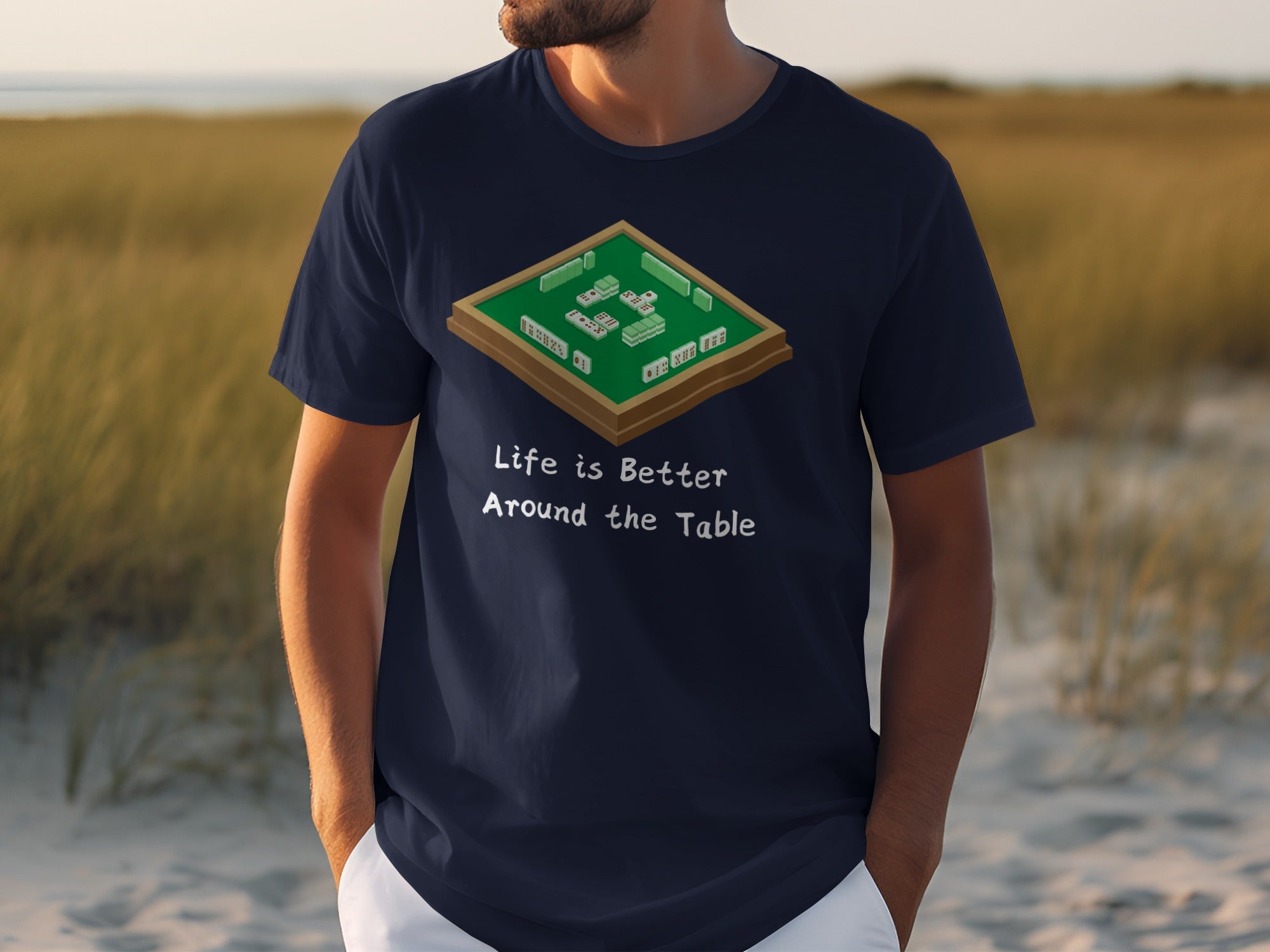 Navy t-shirt with Mahjong board graphic and text "Life is Better Around the Table".