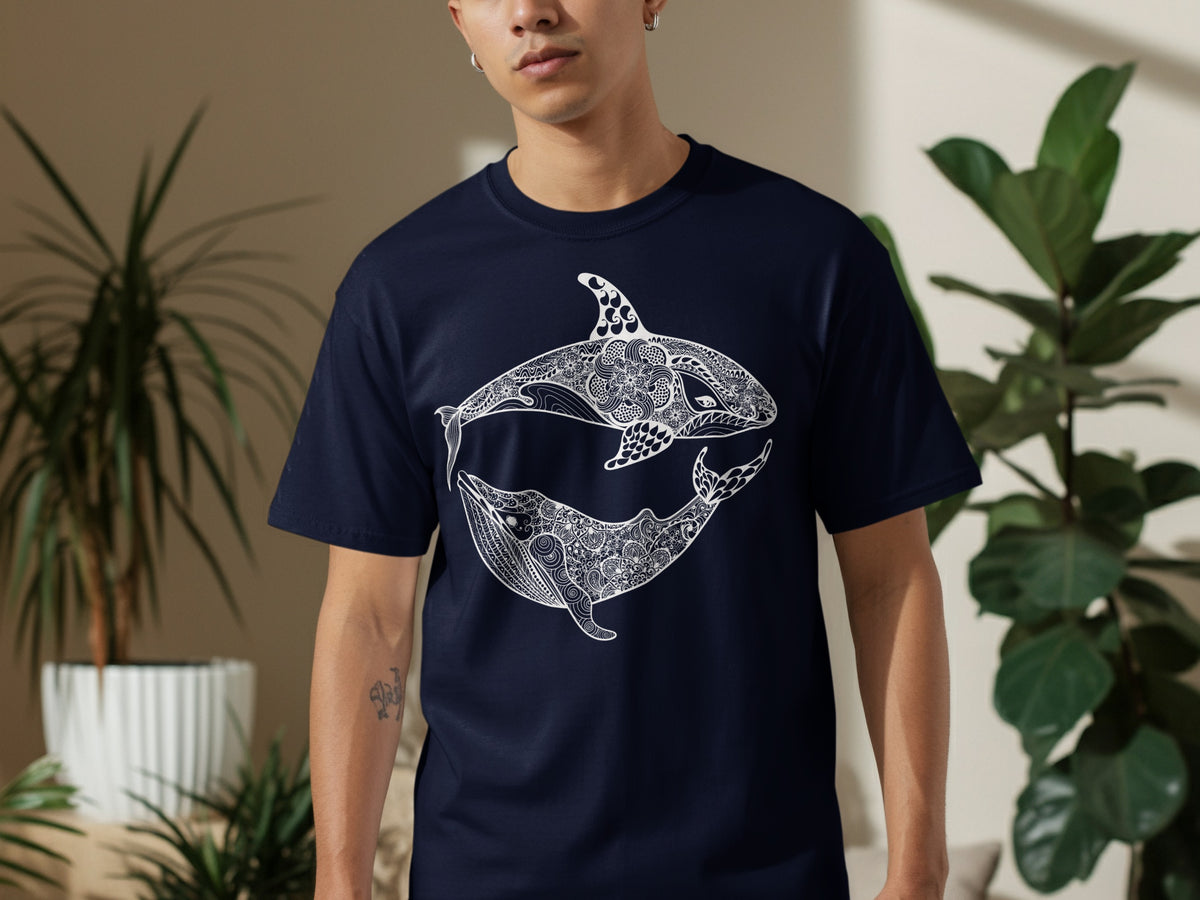 Navy t-shirt with white orca and whale mandala design.