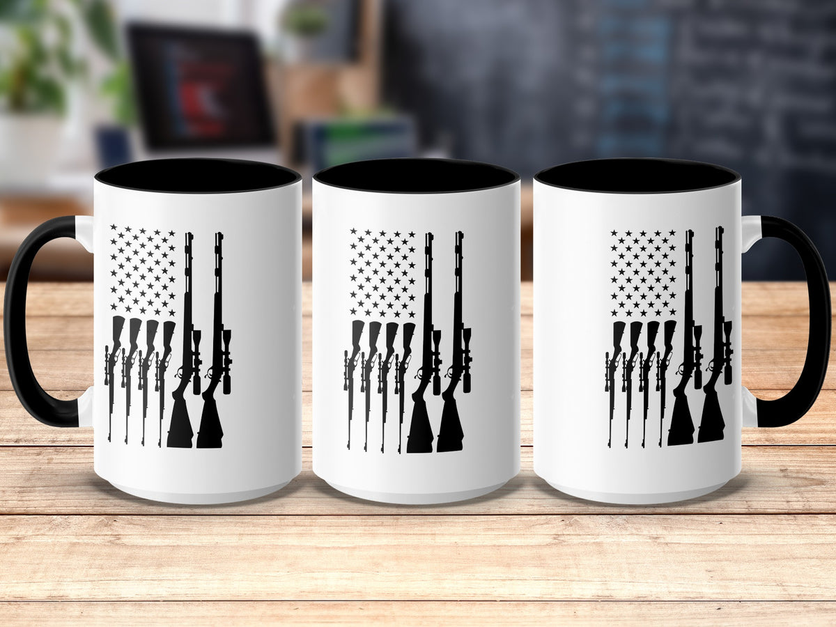 White mugs with black rims, featuring a stylized American flag made of rifles.