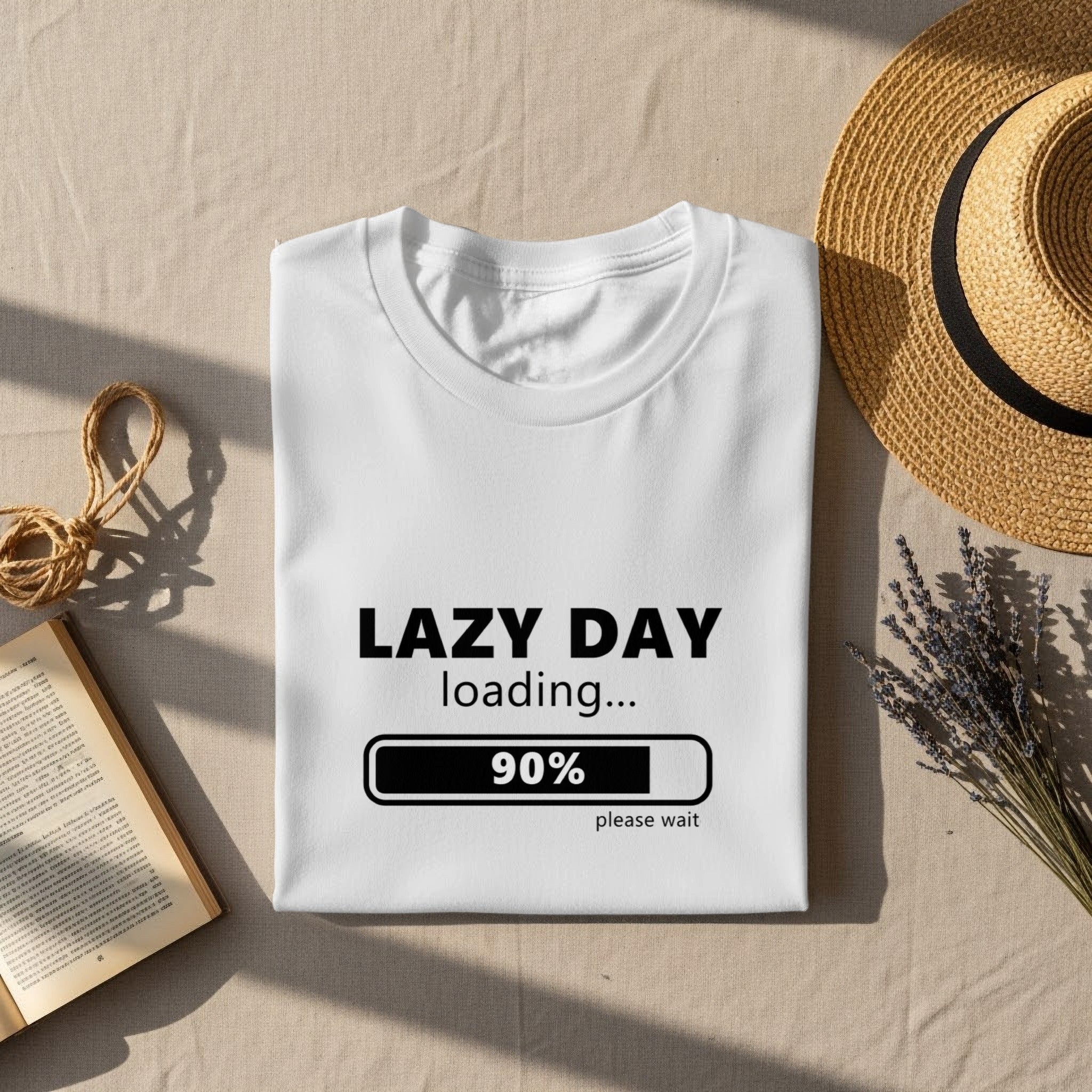 White t-shirt with "Lazy Day loading... 90% please wait" text.