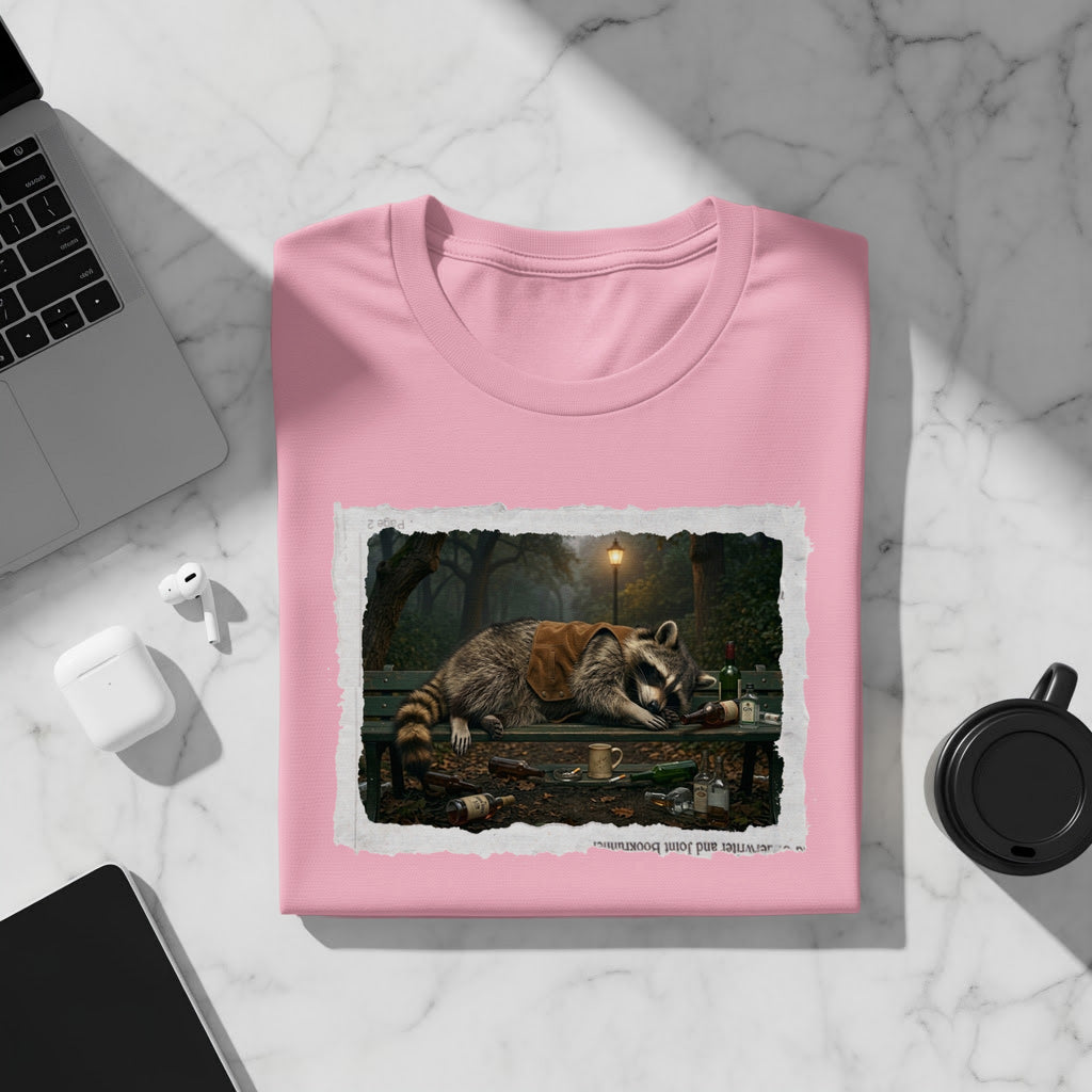 Pink t-shirt featuring a raccoon lying on a bench with bottles around it.